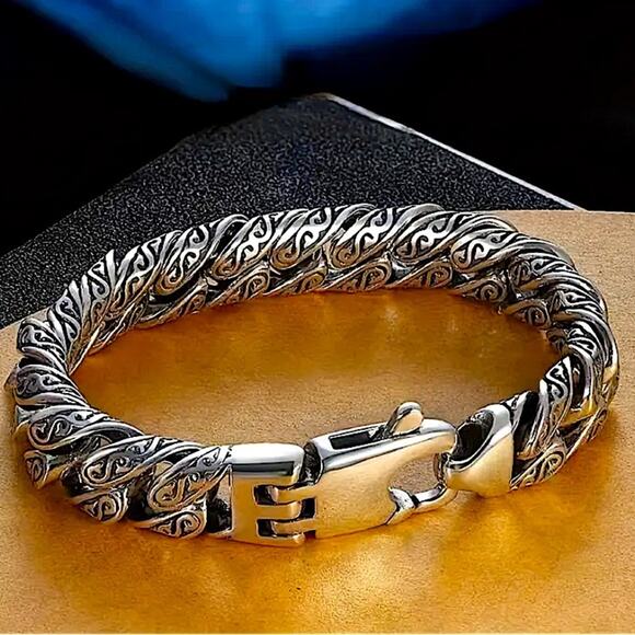 Stainless Steel Chain Link Bracelet, Mantra, Curb Hand Woven Engraved - Picture 3 of 4